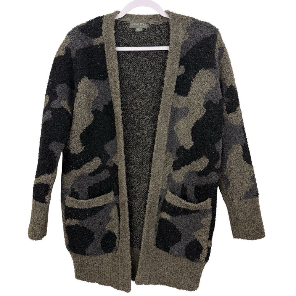 Barefoot Dreams Cozy Chic Cardigan Sweater XS Camo Olive Green Fuzzy Chunky